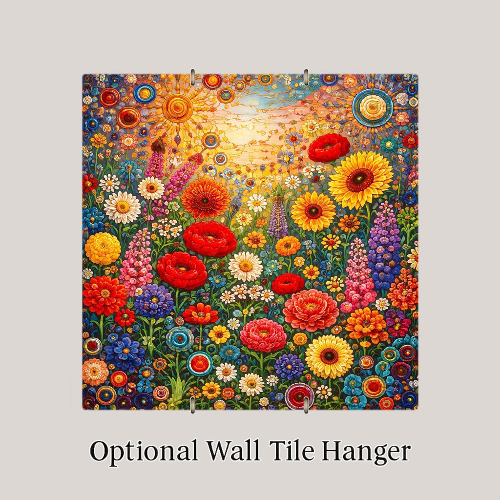 Floral Meadow Ceramic Art Tile – Stained Glass Style Wildflower Wall Decor, Colorful Botanical Garden Gift