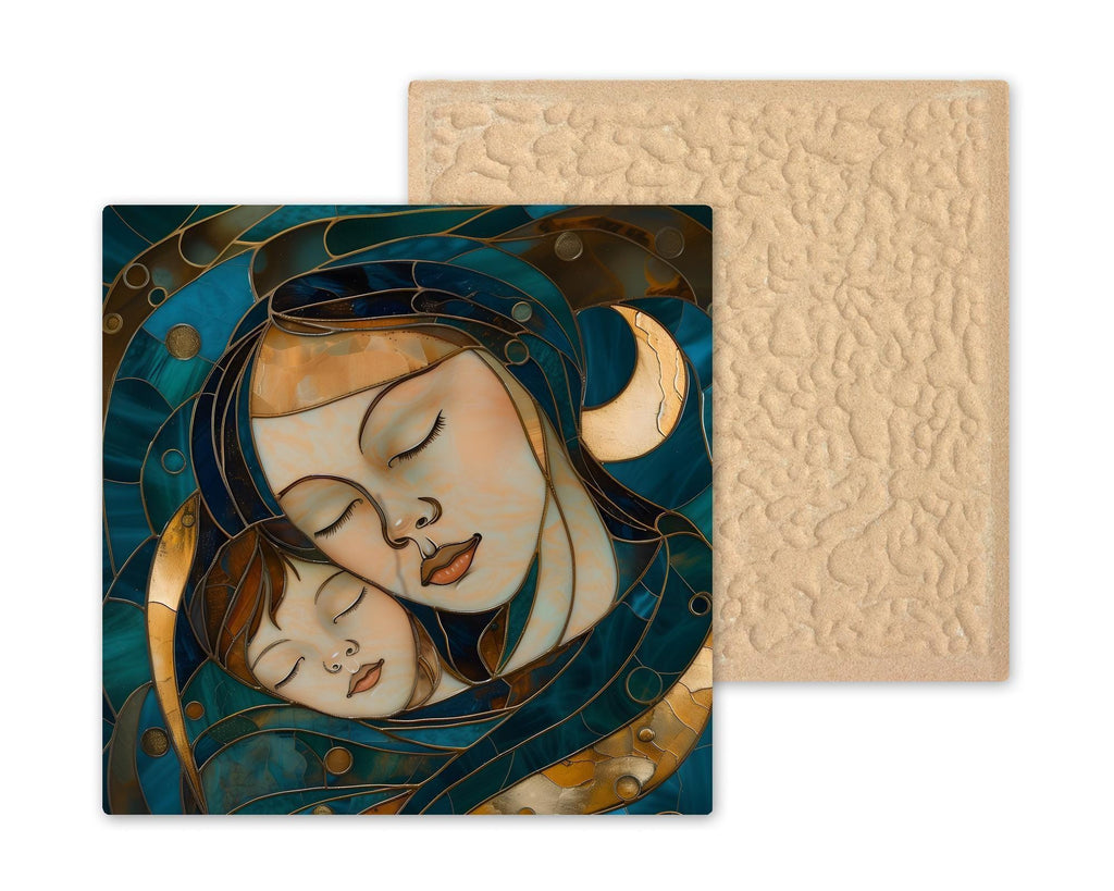 Mother and Child Calming Wall Art Ceramic Tile – Stained Glass Style, Peaceful Home Decor