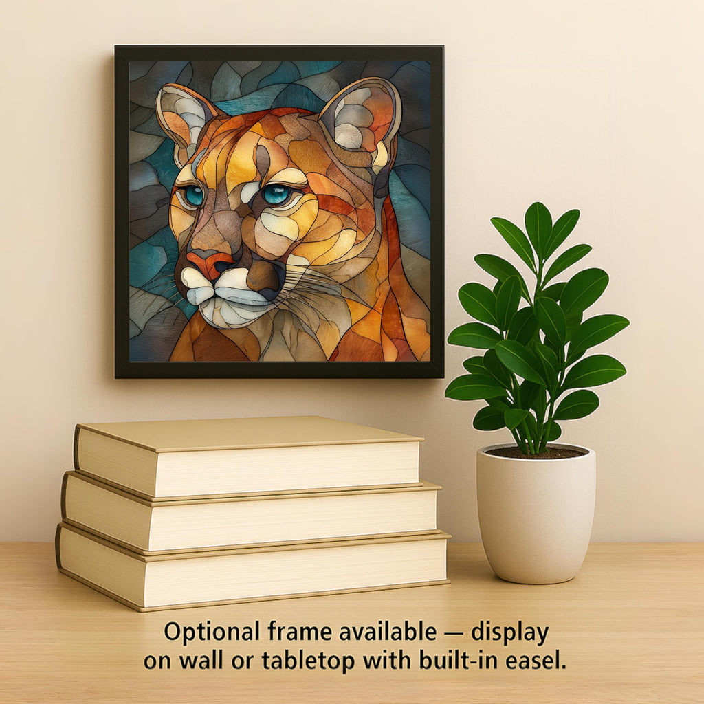 Cougar Stained Glass Style Ceramic Art Tile – Mountain Lion Wildlife Wall Decor, Rustic Cabin Nature Gift