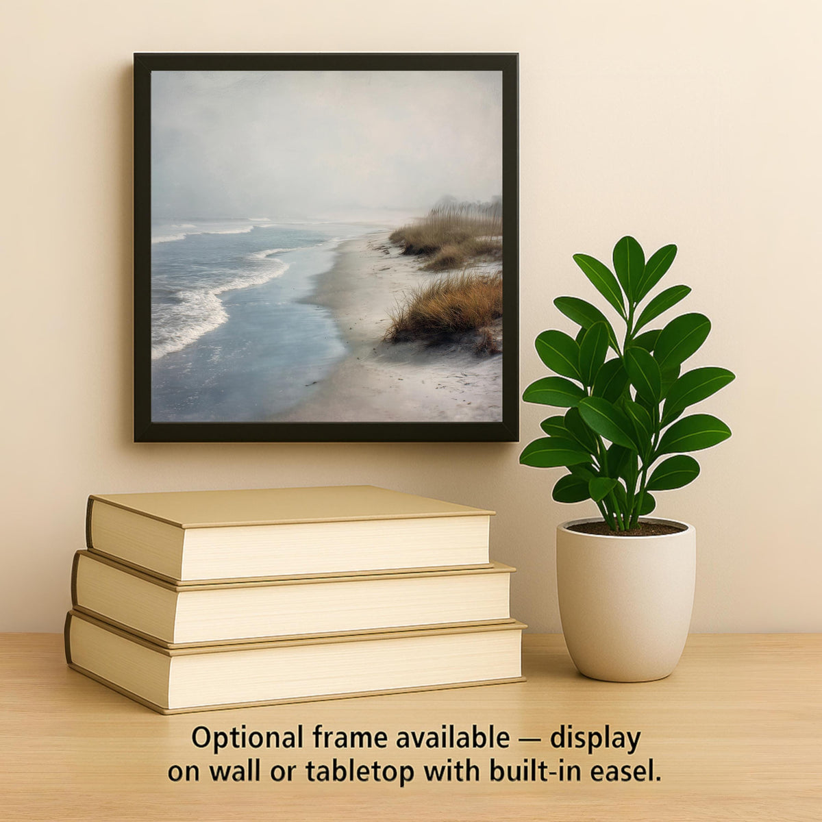 Foggy Coastal Beach Ceramic Art Tile – Serene Ocean Shore Wall Decor, Calm Neutral Beach Lover Gift
