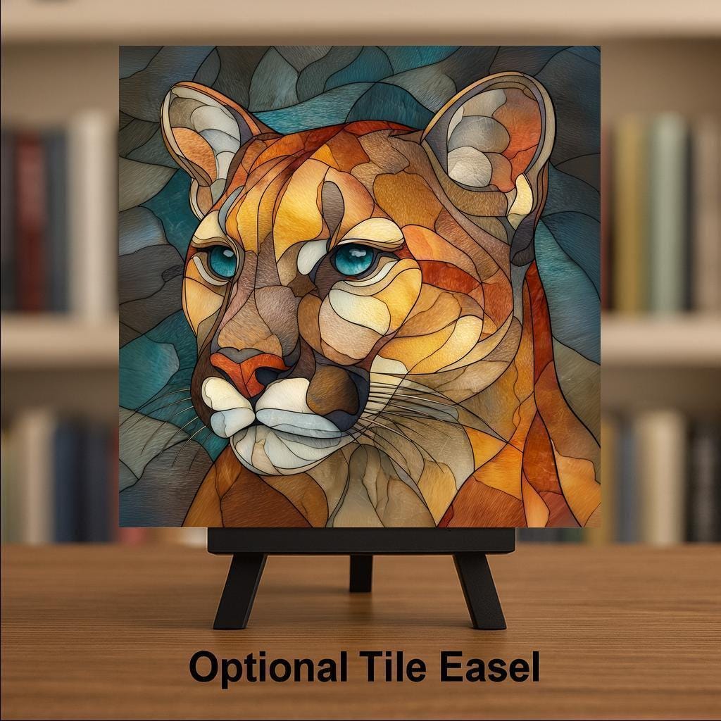 Cougar Stained Glass Style Ceramic Art Tile – Mountain Lion Wildlife Wall Decor, Rustic Cabin Nature Gift