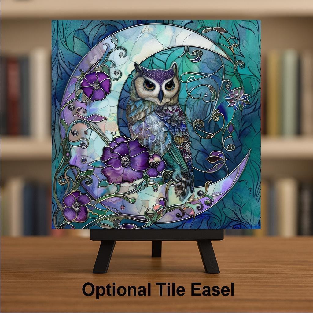 Moon Flower Owl Stained Glass Style Ceramic Art Tile: Nature Wall Decor Bird Lover Gift Home Decor Wall Art