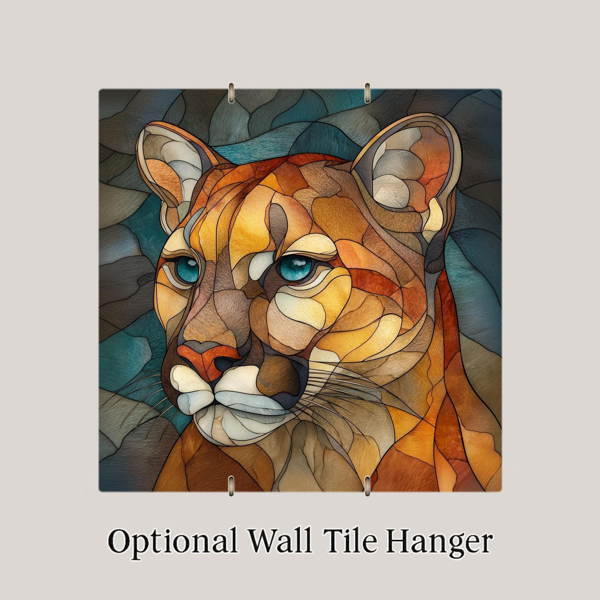 Cougar Stained Glass Style Ceramic Art Tile – Mountain Lion Wildlife Wall Decor, Rustic Cabin Nature Gift