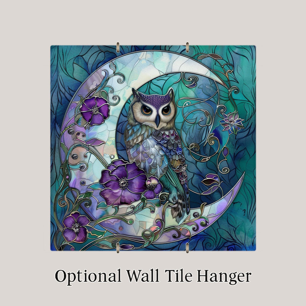 Moon Flower Owl Stained Glass Style Ceramic Art Tile: Nature Wall Decor Bird Lover Gift Home Decor Wall Art