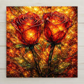 Glowing stained glass–style rose ceramic tile wall art featuring two radiant red roses in warm gold tones. A romantic floral design perfect for home decor, anniversaries, weddings, or Valentine’s Day gifts. Flat, permanent ceramic print with optional wall hanger, easel stand, cork backing, or premium frame for display flexibility.
