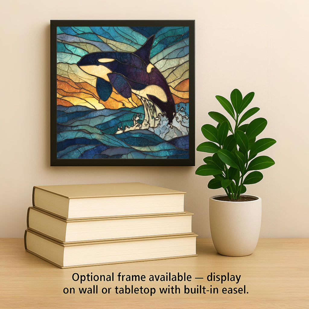 Orca Whale Coastal Wall Art Ceramic Tile – Stained Glass Style Ocean Sunset Home Decor, Killer Whale Beach House Wall Decor
