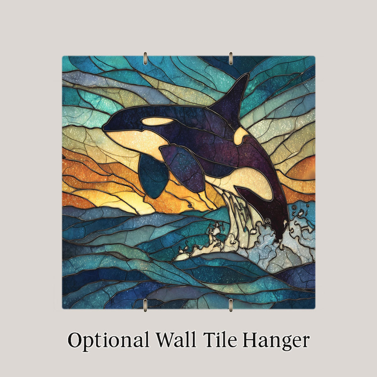 Orca Whale Coastal Wall Art Ceramic Tile – Stained Glass Style Ocean Sunset Home Decor, Killer Whale Beach House Wall Decor