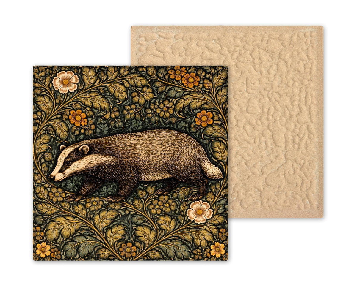 Badger Woodland Wall Art Ceramic Tile – Cottagecore Forest Home Decor – Arts and Crafts Botanical Wall Art Gift