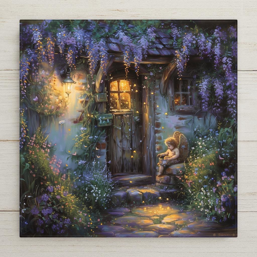 Secret garden cottage ceramic tile featuring a glowing lantern-lit cottage door surrounded by cascading purple wisteria flowers, fireflies, and a small cherub statue.