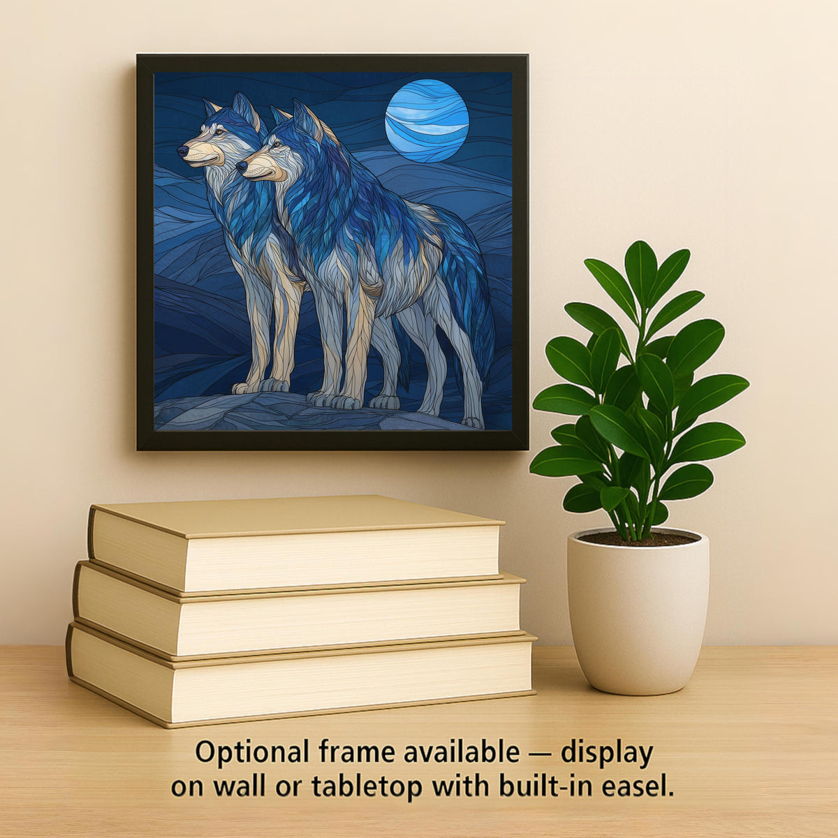 Wolf Pair Wall Art Ceramic Tile Stained Glass Style Anniversary Gift Couple Decor Blue Moon Nature