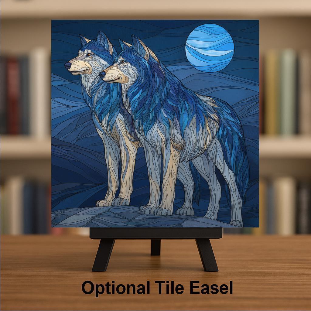 Wolf Pair Wall Art Ceramic Tile Stained Glass Style Anniversary Gift Couple Decor Blue Moon Nature