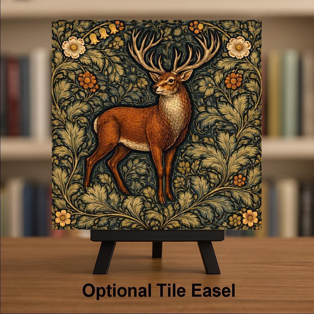 Stag Wall Art Ceramic Tile – Deer Decor – William Morris Style Woodland Wall Decor – Cabin Lodge Home Decor Gift