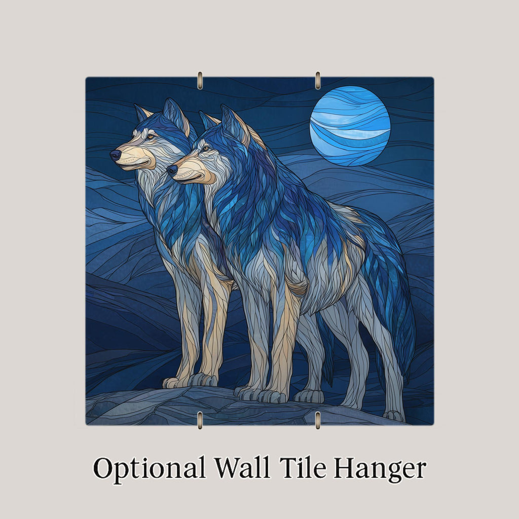 Wolf Pair Wall Art Ceramic Tile Stained Glass Style Anniversary Gift Couple Decor Blue Moon Nature