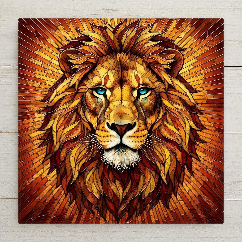 Stained glass style ceramic tile featuring a bold lion portrait with radiant golden mane and striking blue eyes. Warm amber and burnt orange sunburst rays fill the background, creating dramatic wildlife wall art ceramic tile perfect for safari decor and masculine home decor.