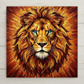 Stained glass style ceramic tile featuring a bold lion portrait with radiant golden mane and striking blue eyes. Warm amber and burnt orange sunburst rays fill the background, creating dramatic wildlife wall art ceramic tile perfect for safari decor and masculine home decor.