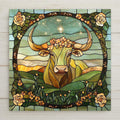 Taurus zodiac ceramic tile with floral crown, constellation sky, and stained glass effect. Earth sign gift or spring astrology wall décor.