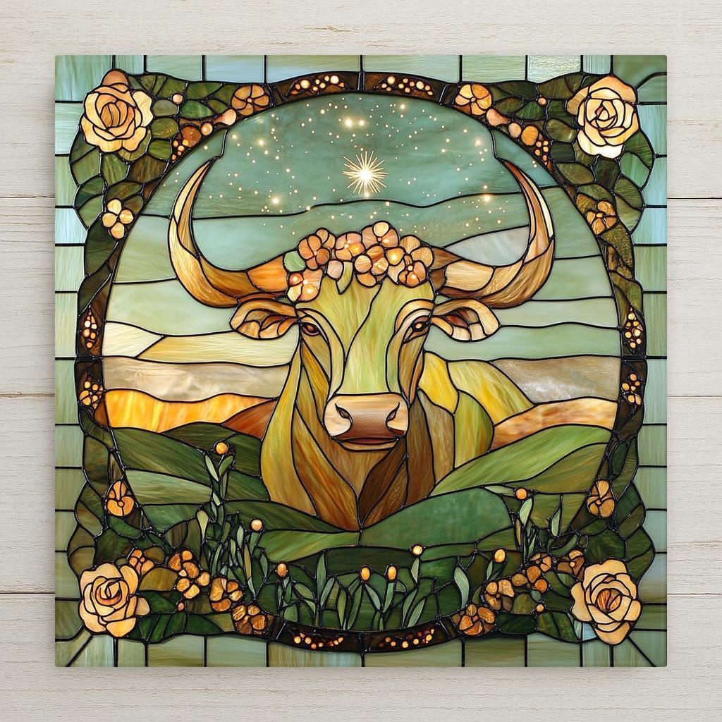 Taurus zodiac ceramic tile with floral crown, constellation sky, and stained glass effect. Earth sign gift or spring astrology wall décor.