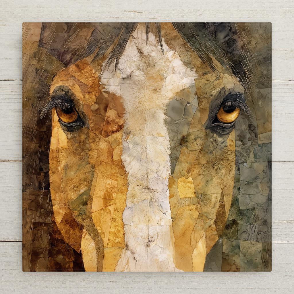 Close-up horse ceramic tile wall art in a stained glass style, featuring warm earth tones and detailed mosaic textures. A rustic horse portrait ideal for farmhouse, western, and equestrian home decor.