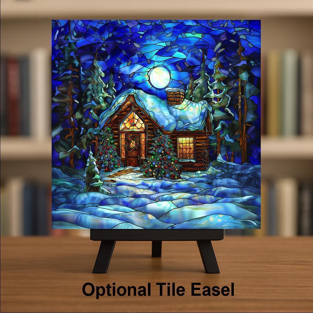 Winter Cabin Wall Art Ceramic Tile Christmas Gift Rustic Lodge Decor Snowy Scene Art Holiday Gift Tile