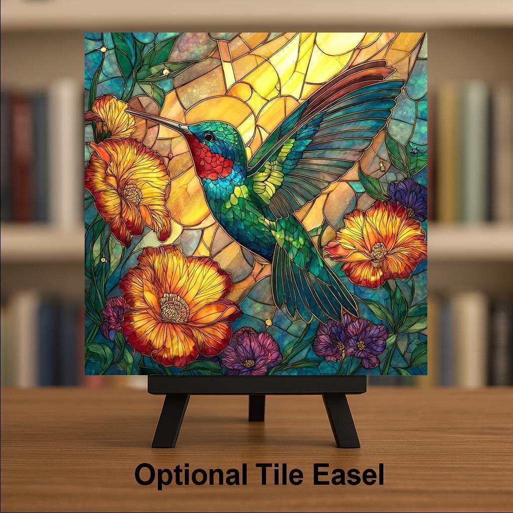 Hummingbird Ceramic Tile Wall Art Stained Glass Style for Garden Lovers