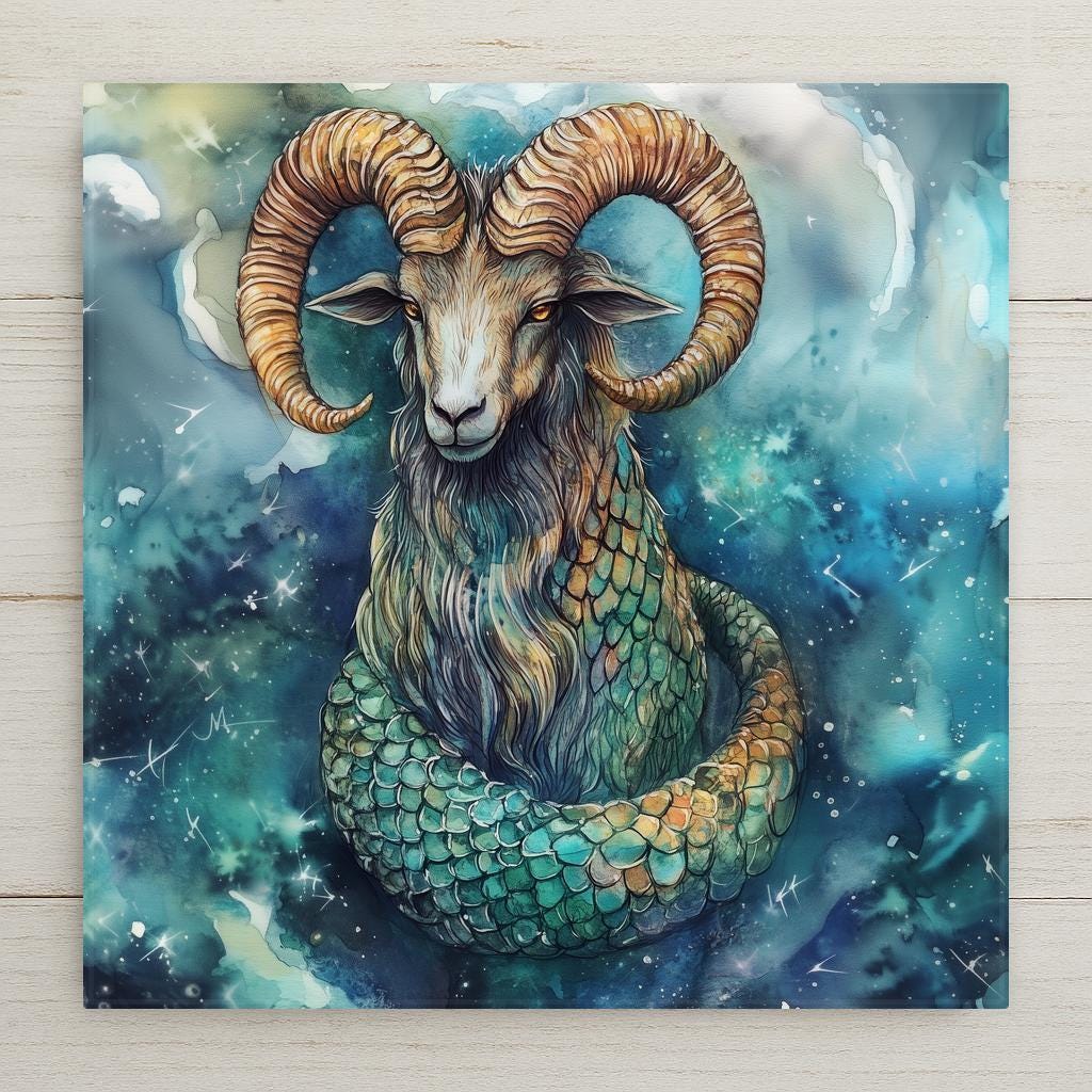 Capricorn zodiac ceramic tile art featuring a celestial sea-goat on a starry background. A grounded and mystical gift for astrology lovers.