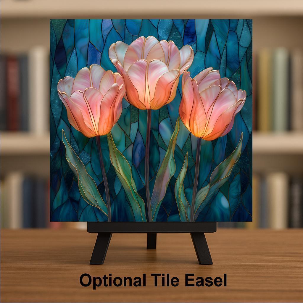 Coral Tulip Wall Art Ceramic Tile – Stained Glass Style Floral Decor, Soft Spring Botanical Artwork, Elegant Home Decor Gift for Her