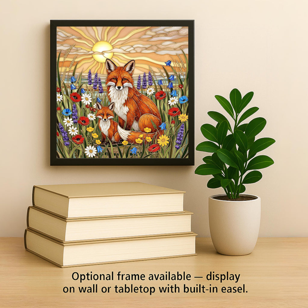 Mother and Baby Fox Stained Glass Style Ceramic Art Tile – Woodland Nursery Wall Decor, New Mom Keepsake