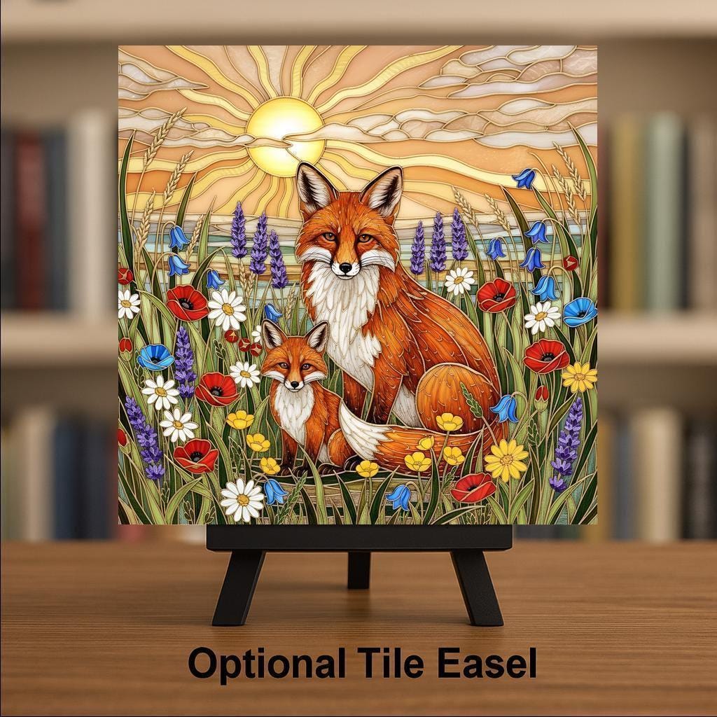 Mother and Baby Fox Stained Glass Style Ceramic Art Tile – Woodland Nursery Wall Decor, New Mom Keepsake