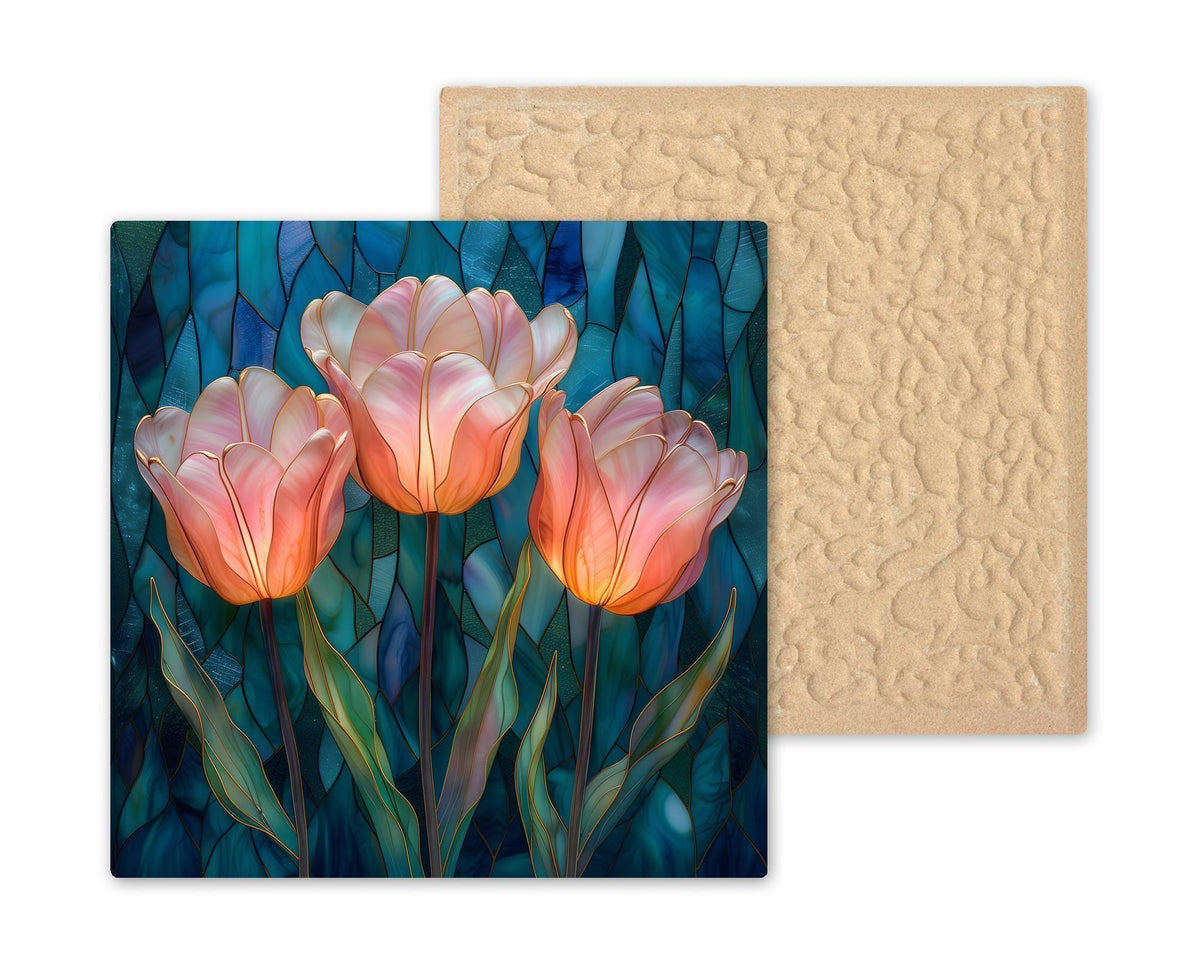 Coral Tulip Wall Art Ceramic Tile – Stained Glass Style Floral Decor, Soft Spring Botanical Artwork, Elegant Home Decor Gift for Her
