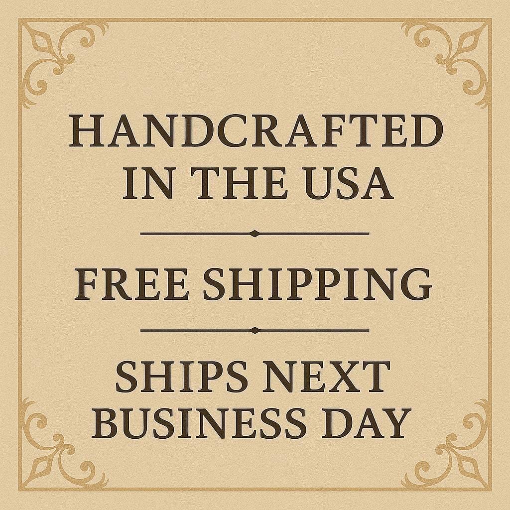 The image is a sign advertising a product, specifically a handmade item, that is free shipping and will be available for business the next day.