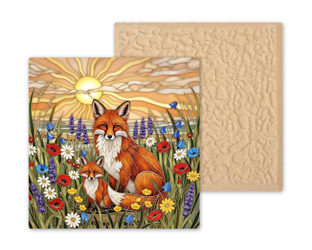 Mother and Baby Fox Stained Glass Style Ceramic Art Tile – Woodland Nursery Wall Decor, New Mom Keepsake