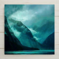 Norwegian fjord ceramic tile wall art featuring misty teal water and steep mountain cliffs, inspired by Geirangerfjord in Norway. Stained glass style Nordic landscape tile suitable for wall or tabletop display with optional wall hanger, easel stand, cork backing, or premium frame.