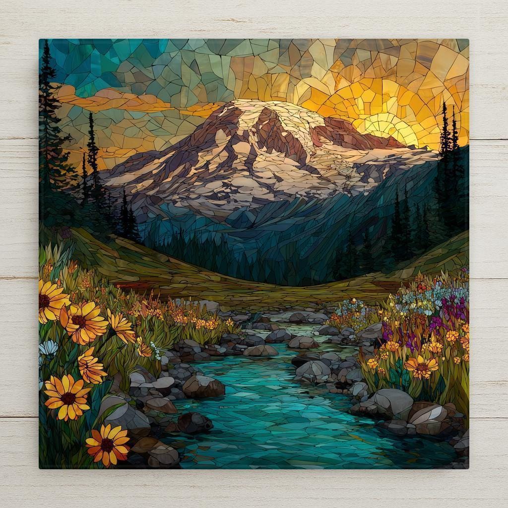 Mount Rainier stained glass-style ceramic tile wall art brings vivid mountain color and mosaic charm to your home decor. Choose from a tile wall hanger, easel stand, cork backing, or premium frame for wall or tabletop display. (Printed design — not real stained glass or mosaic.)