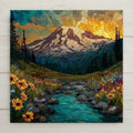 Mount Rainier stained glass-style ceramic tile wall art brings vivid mountain color and mosaic charm to your home decor. Choose from a tile wall hanger, easel stand, cork backing, or premium frame for wall or tabletop display. (Printed design — not real stained glass or mosaic.)