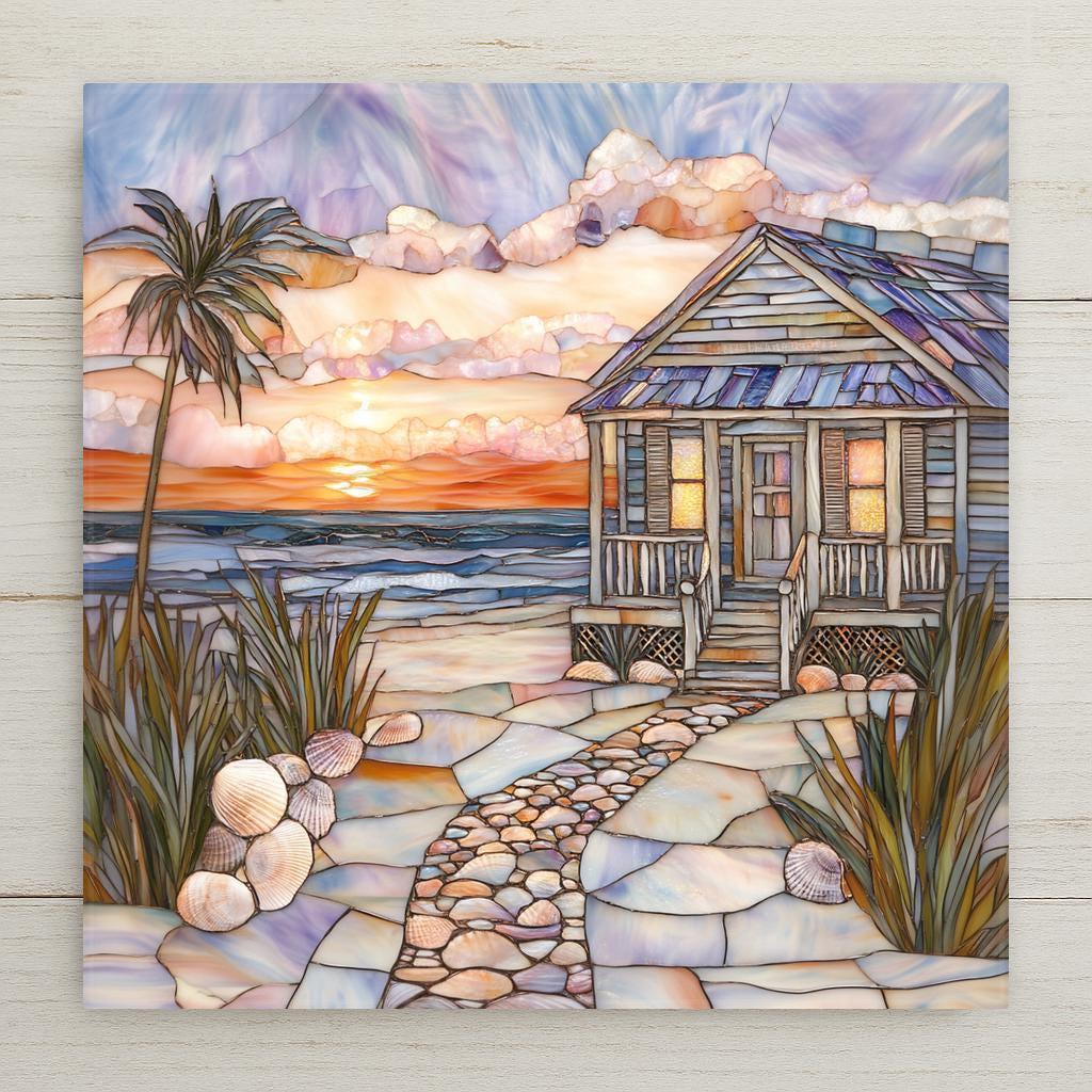 This beach cottage ceramic tile features a seaside home at sunset with ocean waves, shells, and palm trees in stained glass style. A perfect gift for beach lovers or coastal decor.