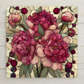 Peony ceramic tile wall art featuring lush pink and berry-toned peony flowers in a stained glass style floral design. Romantic botanical square tile artwork suitable for wall or tabletop display with optional wall hanger, easel stand, cork backing, or premium frame.