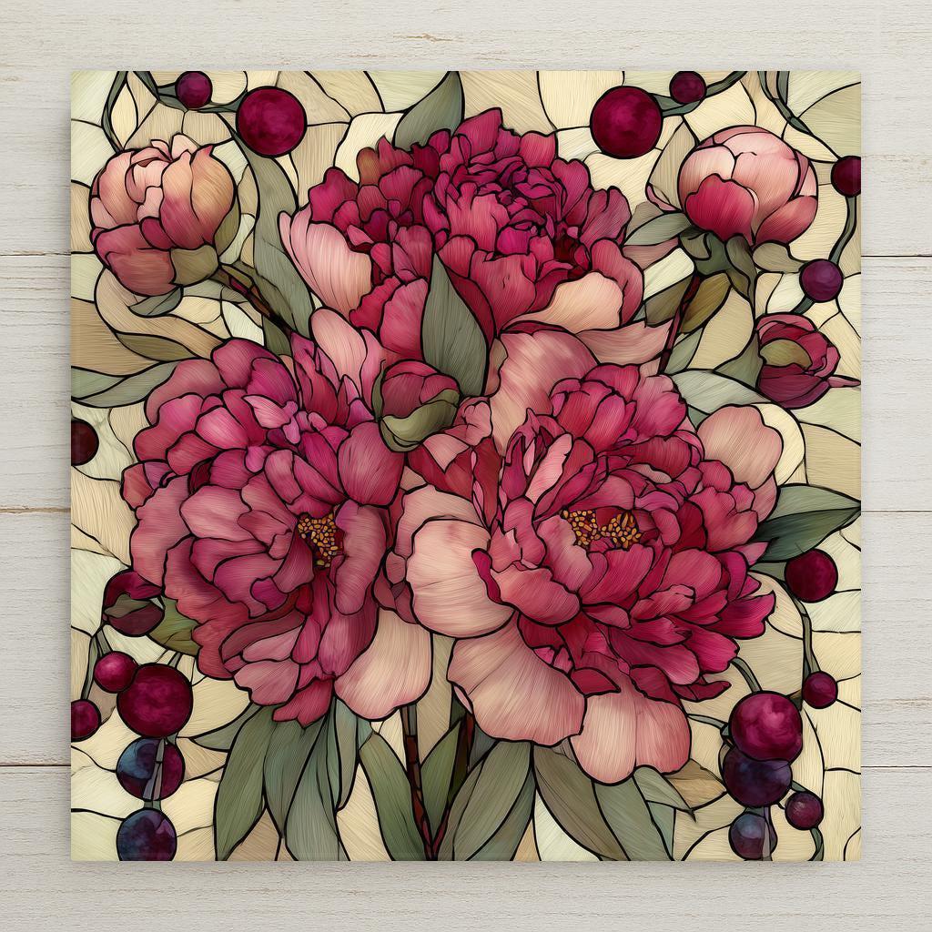 Peony ceramic tile wall art featuring lush pink and berry-toned peony flowers in a stained glass style floral design. Romantic botanical square tile artwork suitable for wall or tabletop display with optional wall hanger, easel stand, cork backing, or premium frame.
