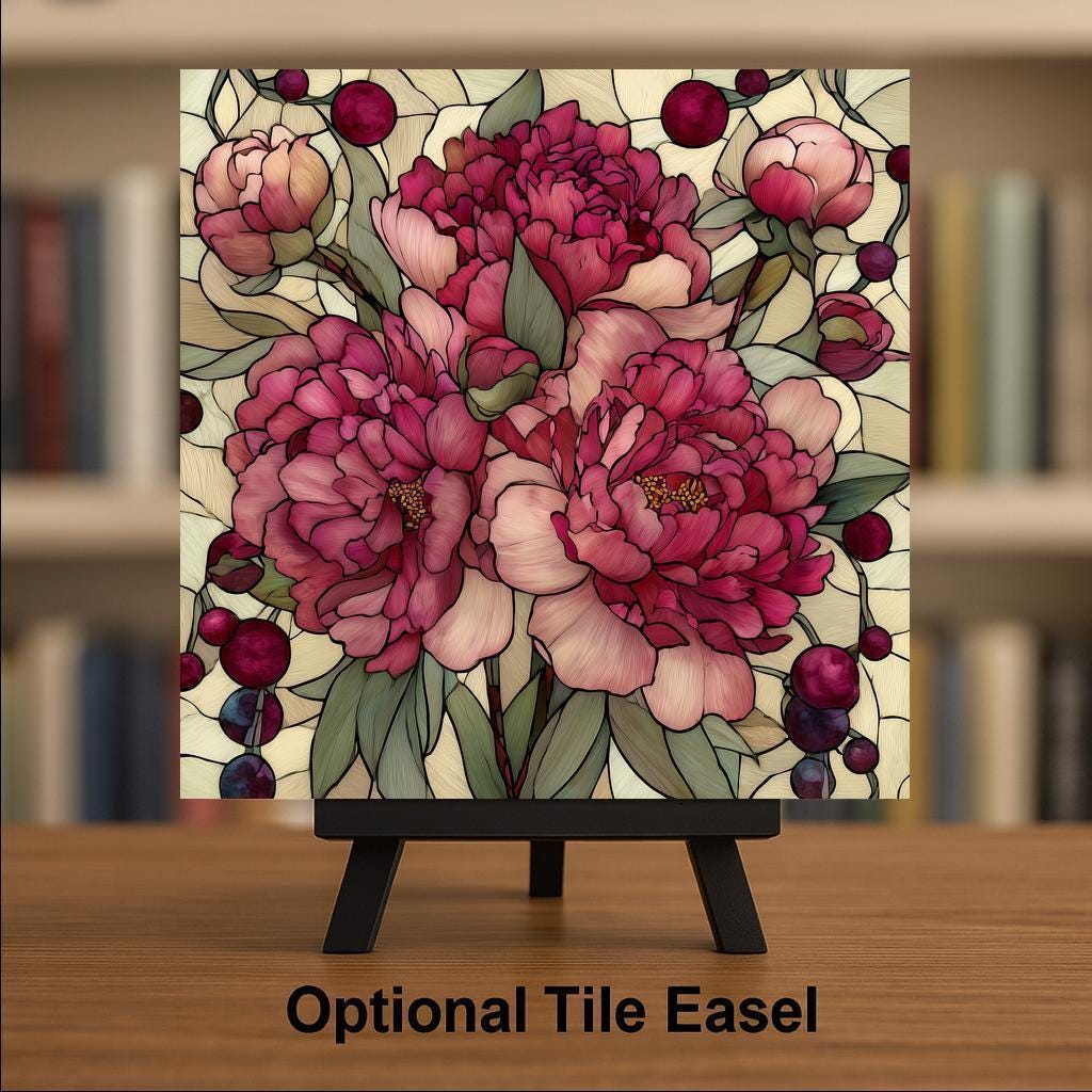 Peony Flower Wall Art Ceramic Tile Botanical Gift Stained Glass Style Floral Decor Peony Lover Art Gift Tile