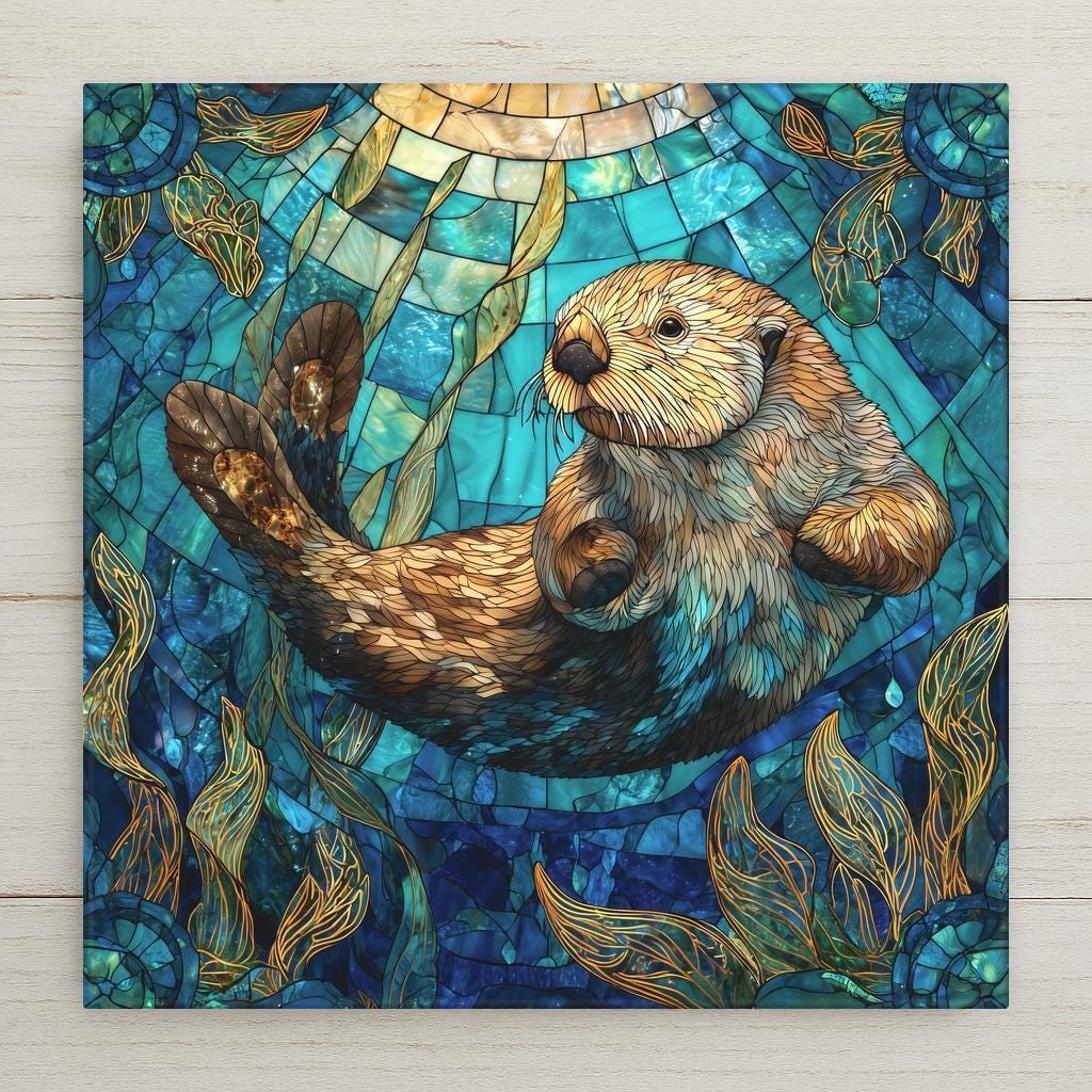 Stained glass-style sea otter ceramic tile featuring a floating otter surrounded by teal ocean light and flowing sea kelp. Intricate Art Nouveau lines, vibrant coastal colors, and glowing mosaic textures create a peaceful ocean wildlife scene perfect for beach homes and nautical wall decor.