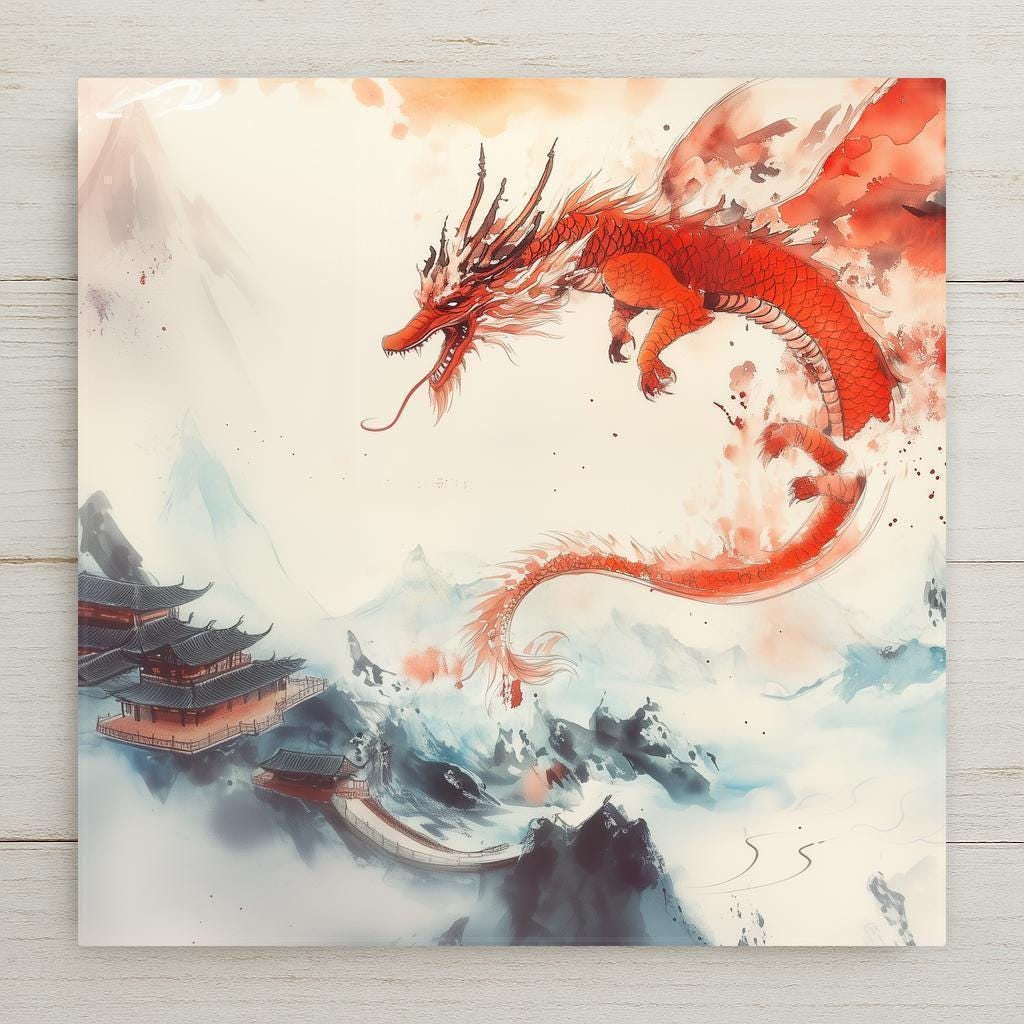Fiery red Chinese dragon ceramic tile with watercolor temple and mountain scene. A bold mythical art piece rooted in East Asian legend and feng shui.