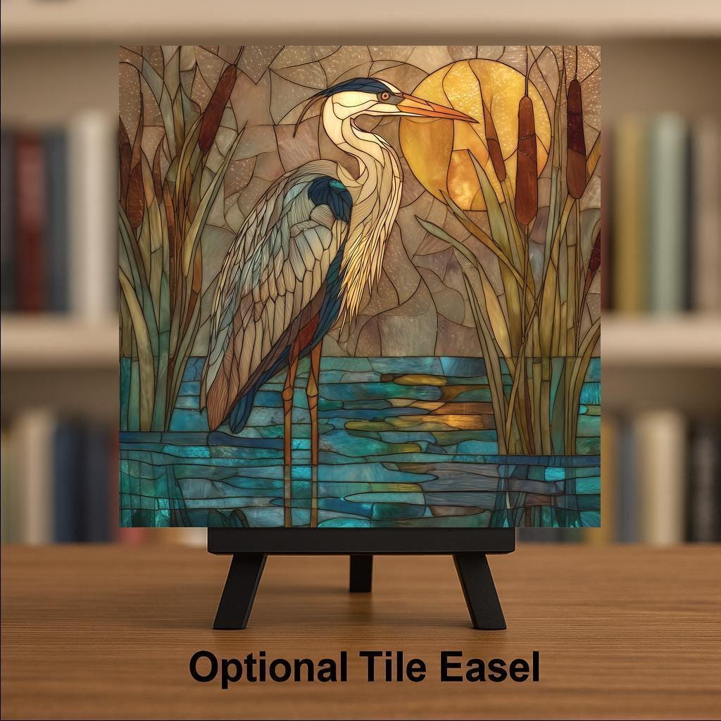 Great Blue Heron Stained Glass Style Ceramic Art Tile: Nature Wall Decor Bird Lover Gift Home Decor Wall Art Bird Lover Marsh Birdwatcher