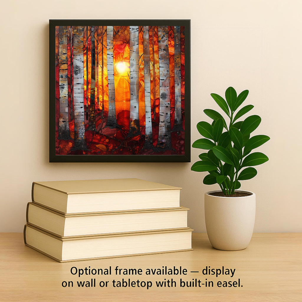 Birch Forest Ceramic Art Tile – Dramatic Sunset Woodland Wall Decor, Rustic Cabin Nature Lover Gift