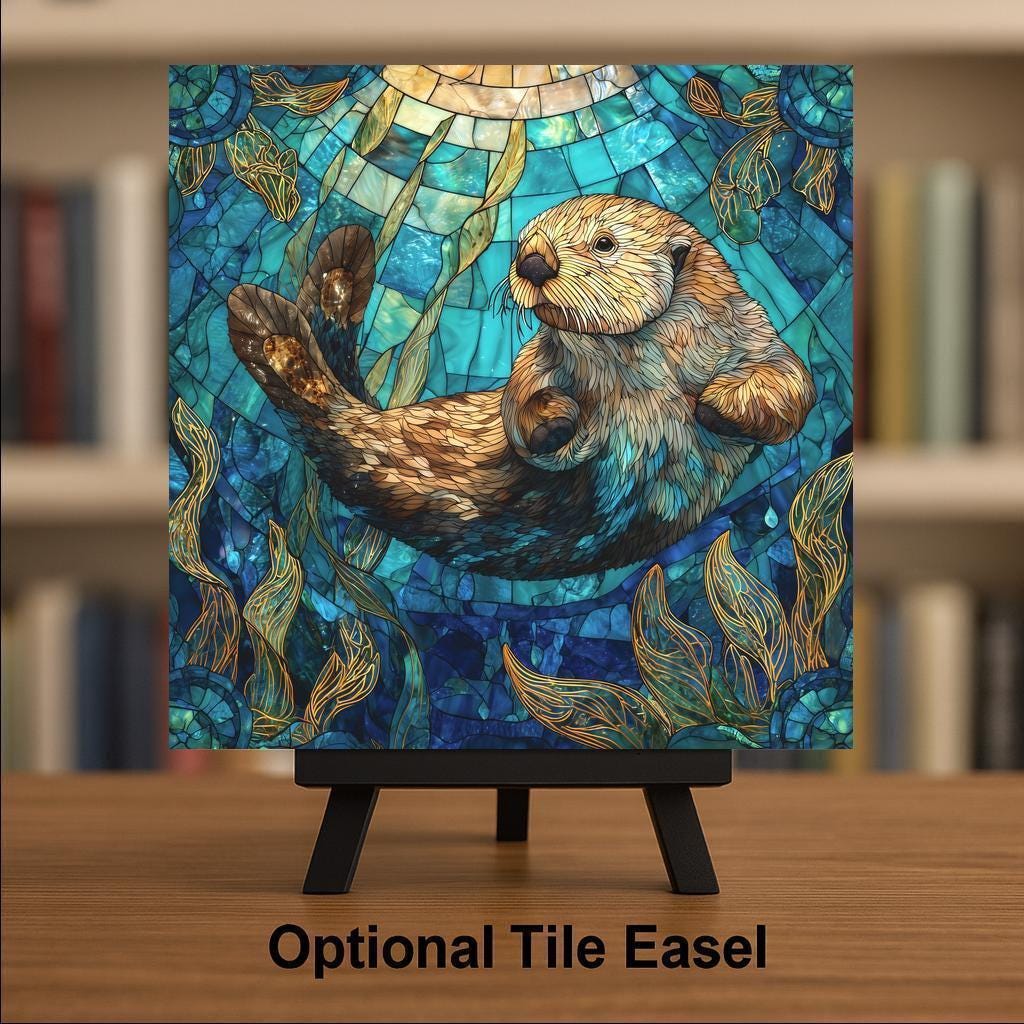 Sea Otter Wall Art Ceramic Tile – Stained Glass Style Ocean Coastal Beach Home Decor