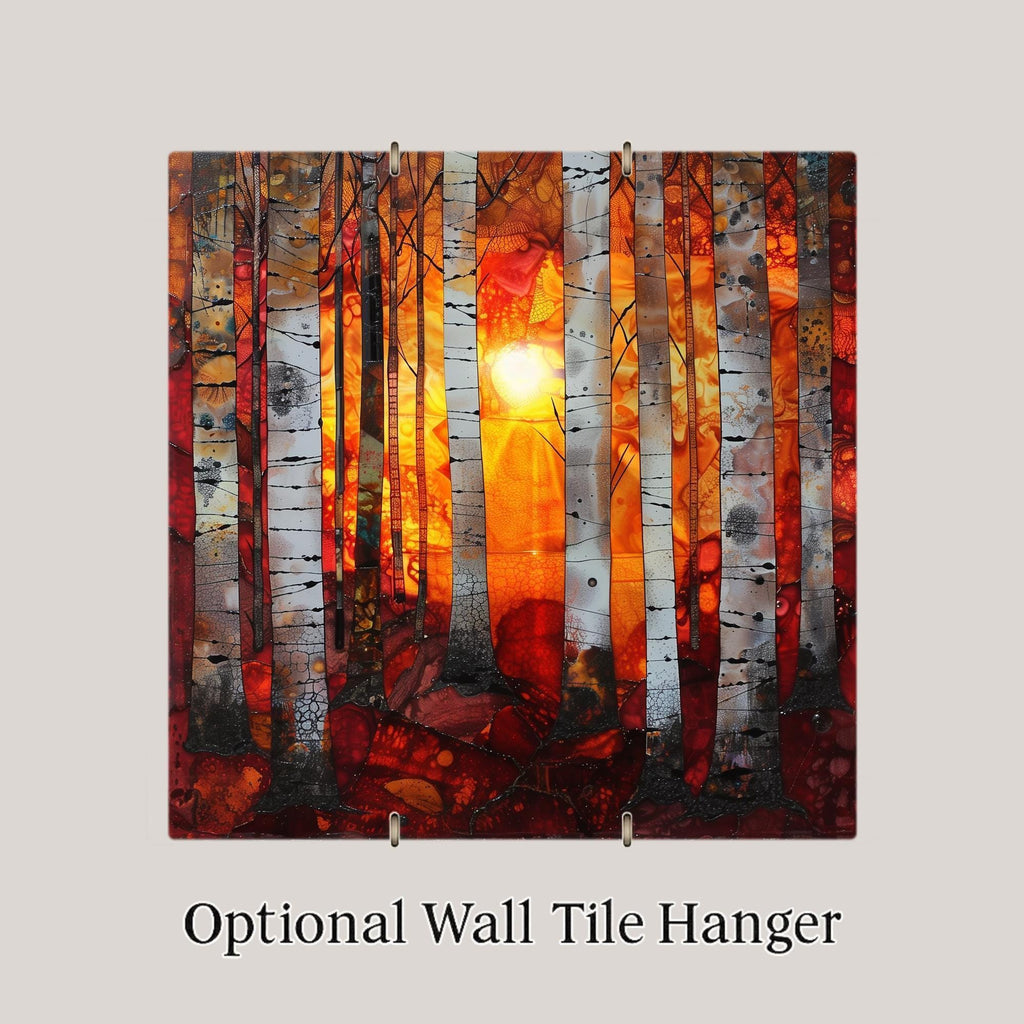 Birch Forest Ceramic Art Tile – Dramatic Sunset Woodland Wall Decor, Rustic Cabin Nature Lover Gift