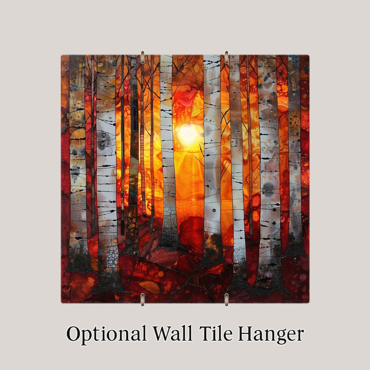Birch Forest Ceramic Art Tile – Dramatic Sunset Woodland Wall Decor, Rustic Cabin Nature Lover Gift