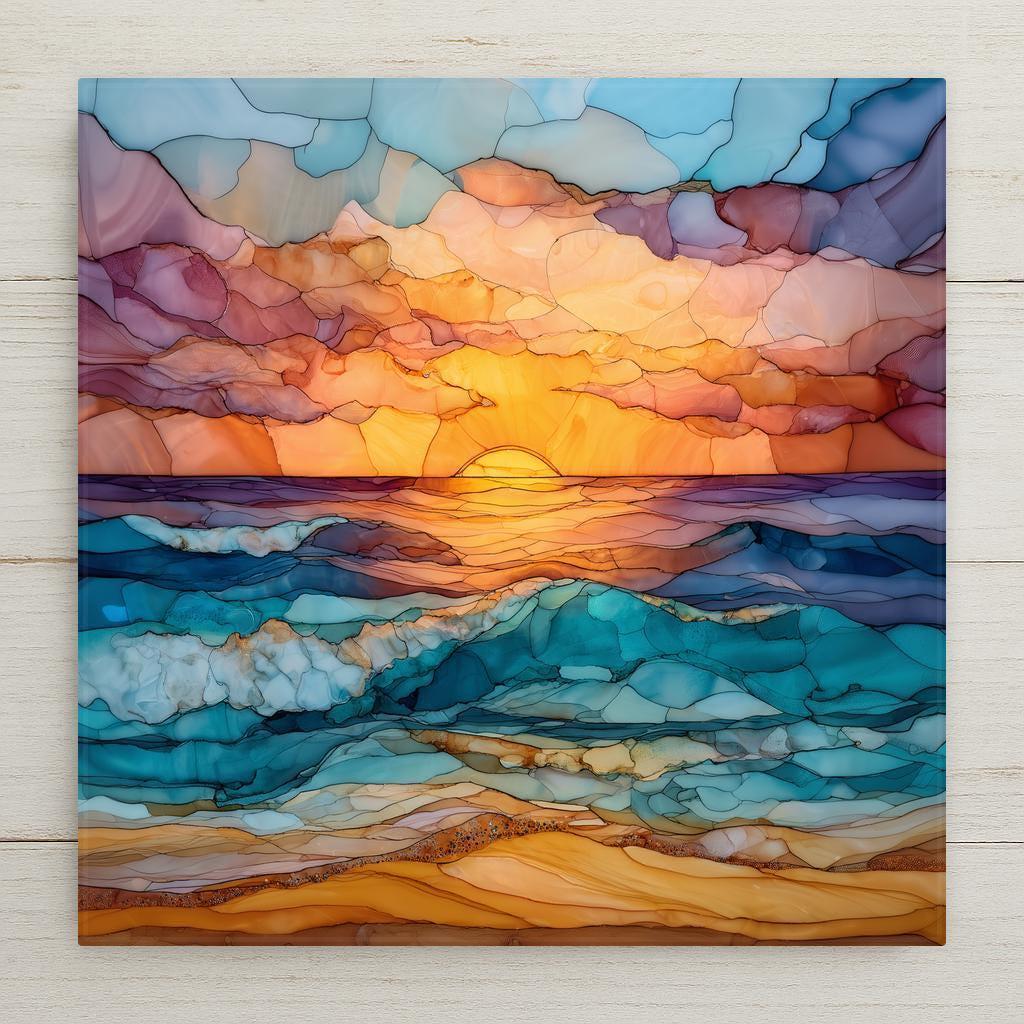 Stained glass style ocean sunset decorative tile featuring layered blue and turquoise waves beneath a glowing golden sun on the horizon. Printed on glossy ceramic, this coastal art tile shows flowing mosaic textures, warm shoreline tones, and soft sunset clouds, creating a calming beach house wall decor piece inspired by sea and sky.