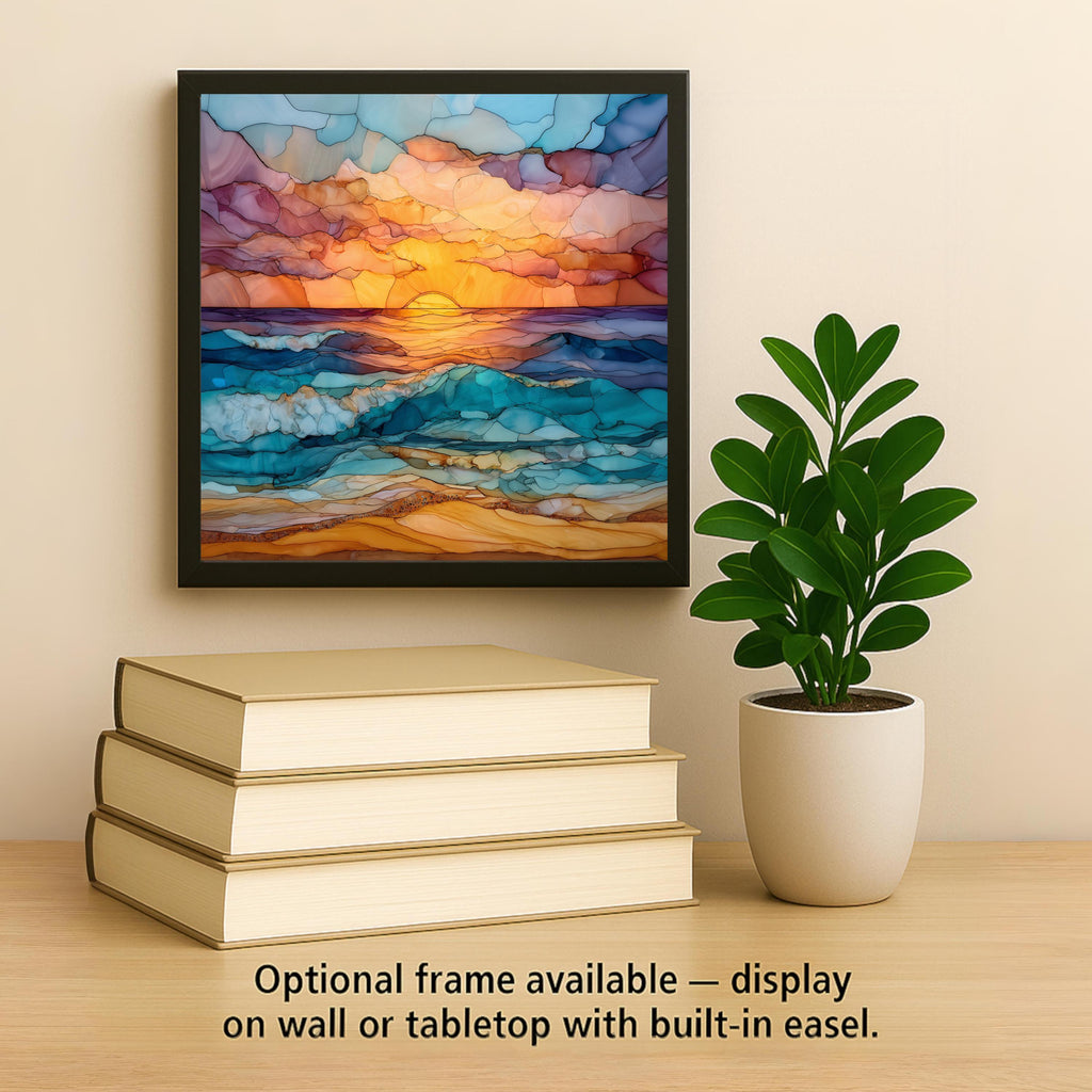 Ocean Sunset Stained Glass Style Ceramic Art Tile: Coastal Wall Decor Beach House Accent Ocean Home Decor Wall Art
