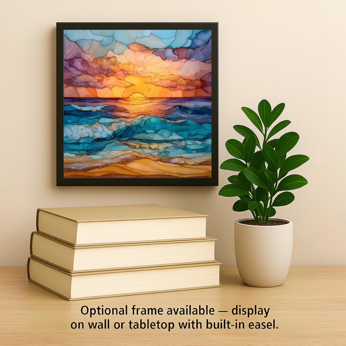 Ocean Sunset Stained Glass Style Ceramic Art Tile: Coastal Wall Decor Beach House Accent Ocean Home Decor Wall Art