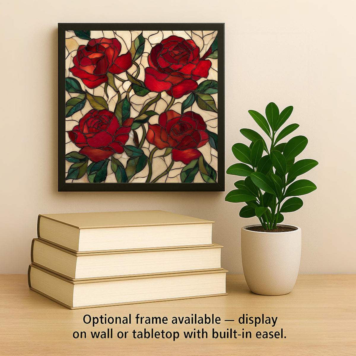 Red Rose Ceramic Art Tile – Stained Glass Style Floral Wall Decor, Romantic Botanical Garden Gift