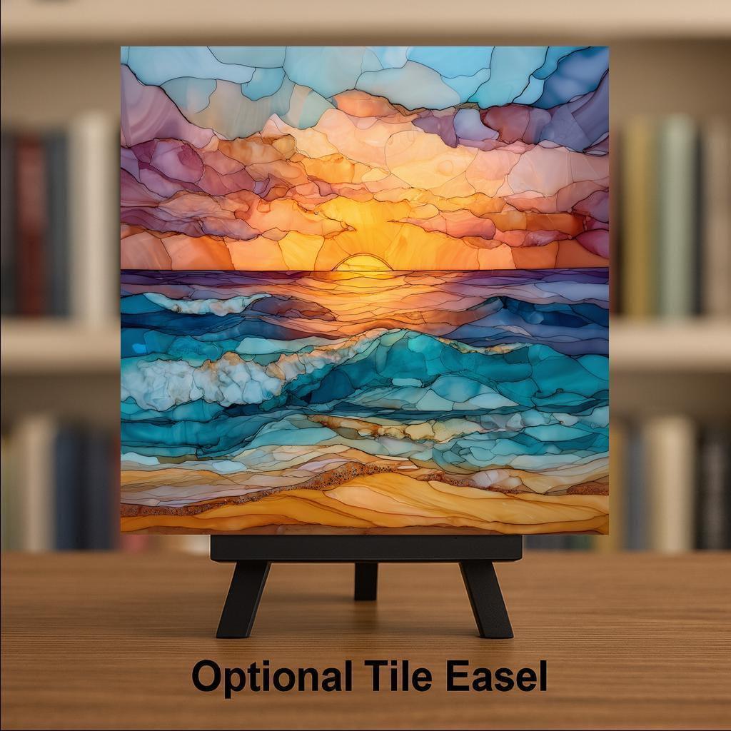 Ocean Sunset Stained Glass Style Ceramic Art Tile: Coastal Wall Decor Beach House Accent Ocean Home Decor Wall Art